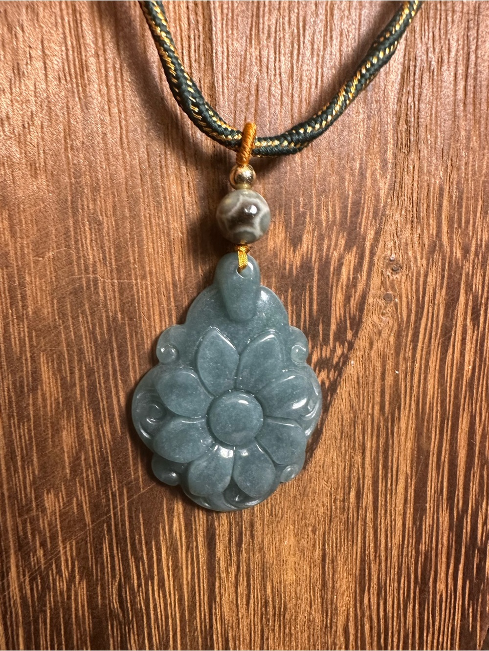 Green Jade Flower Pendant Necklace with Ocean Jasper on Green and Gold Rope - Picture 5 of 11